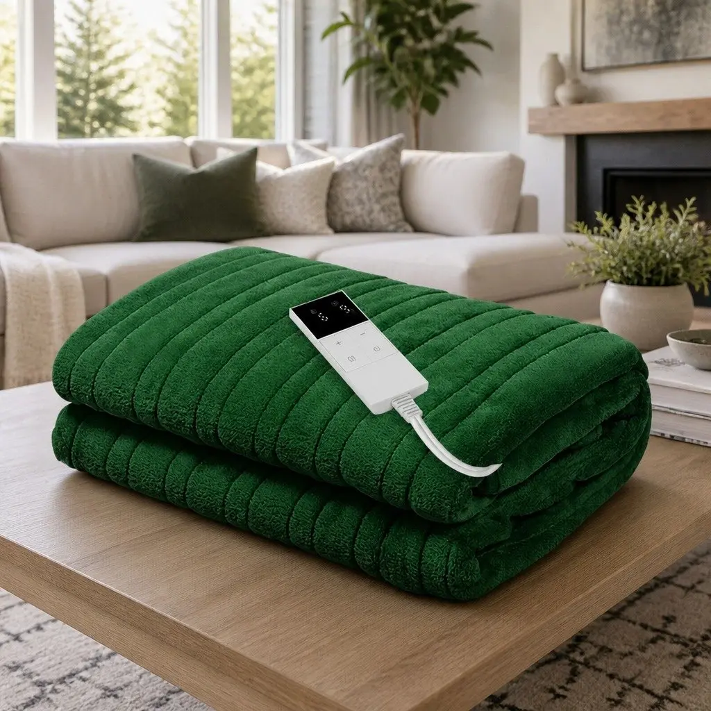 Electric Heated Throw Rug 160cm x 130cm Washable Flannel 9 Heat Settings Timer Green