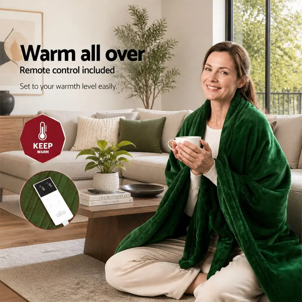 Electric Heated Throw Rug 160cm x 130cm Washable Flannel 9 Heat Settings Timer Green
