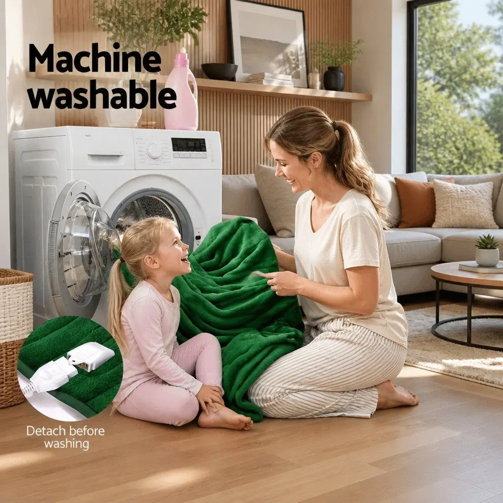 Electric Heated Throw Rug 160cm x 130cm Washable Flannel 9 Heat Settings Timer Green