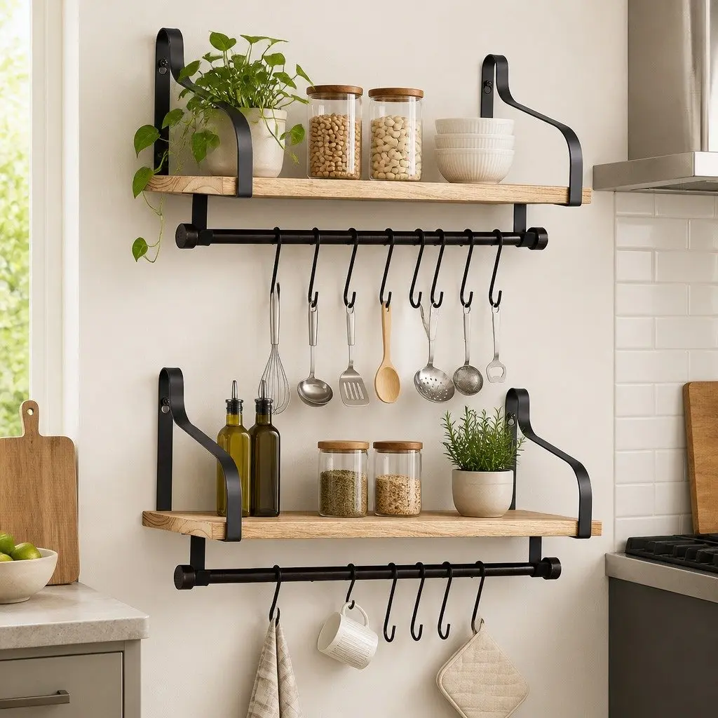 Floating Shelf Brackets 43cm Paulownia Wood Industrial Display Organizer with Removable Hooks and Towel Bar
