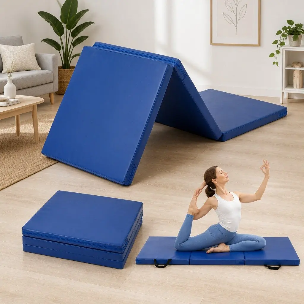 Gymnastics Mat 180x60cm Portable 3 Fold Thick High Density Foam Blue