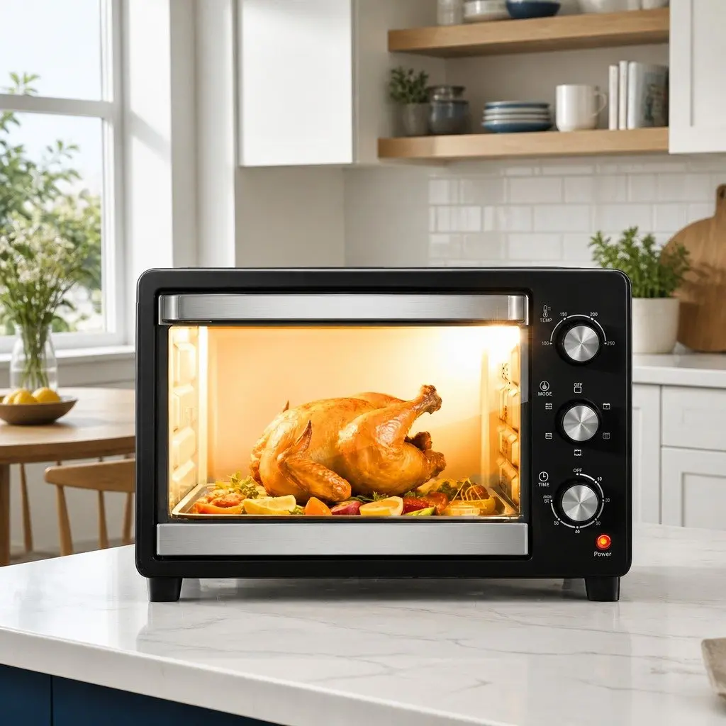 30L Convection Oven Electric Fryer Compact Black 1600W 6-Stage Function Temperature Control 100-250°C Timer Non-Stick Coating