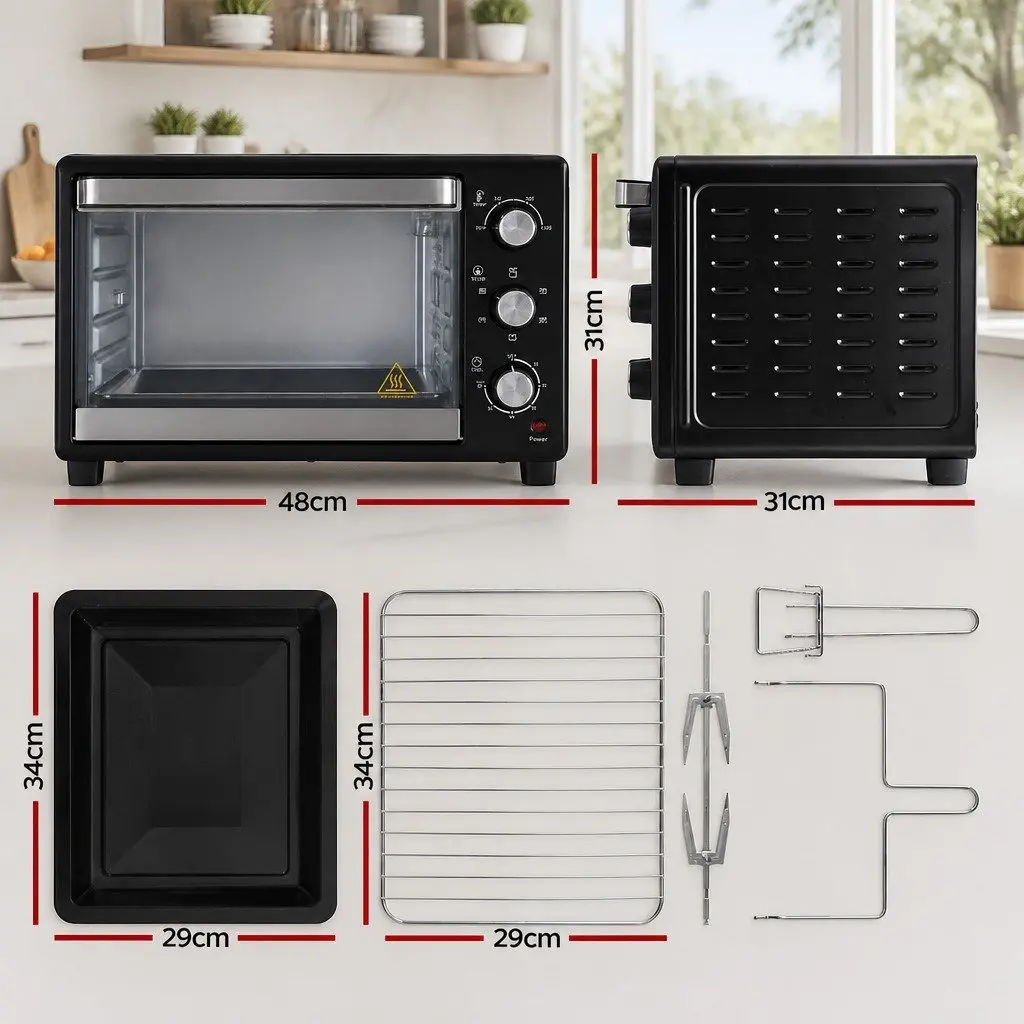 30L Convection Oven Electric Fryer Compact Black 1600W 6-Stage Function Temperature Control 100-250°C Timer Non-Stick Coating