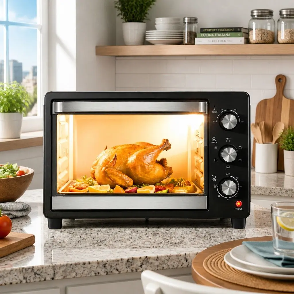 30L Convection Oven Electric Fryer Compact Black 1600W 6-Stage Function Temperature Control 100-250°C Timer Non-Stick Coating