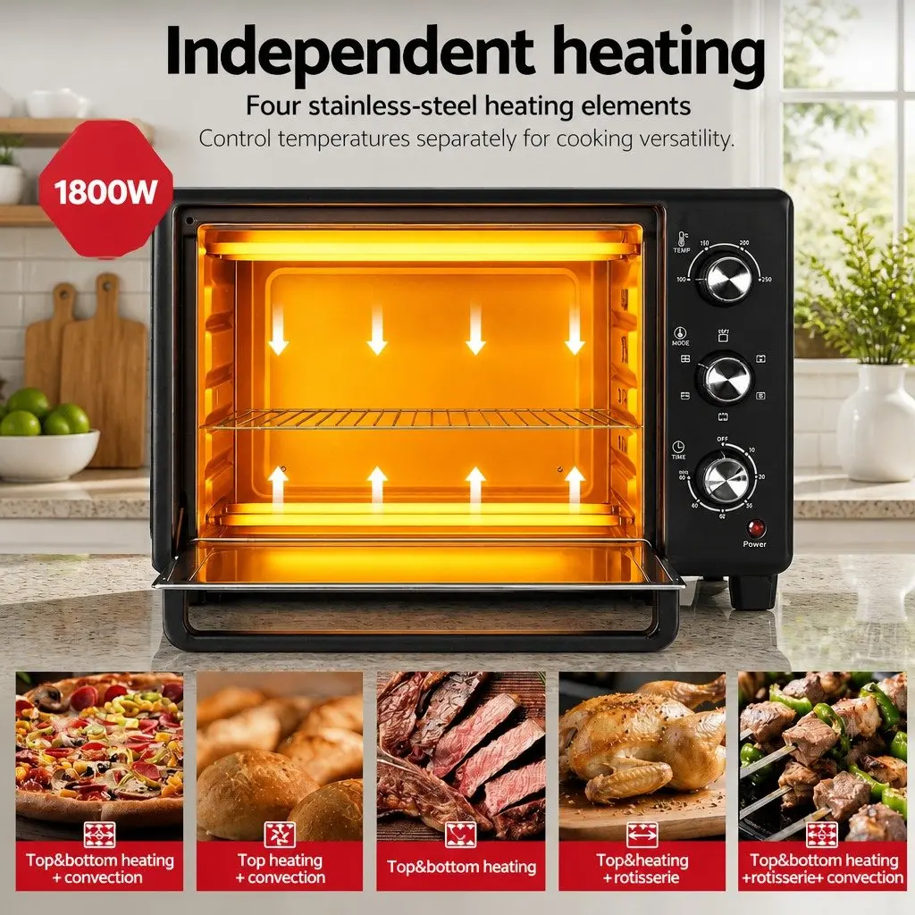 30L Convection Oven Electric Fryer Compact Black 1600W 6-Stage Function Temperature Control 100-250°C Timer Non-Stick Coating