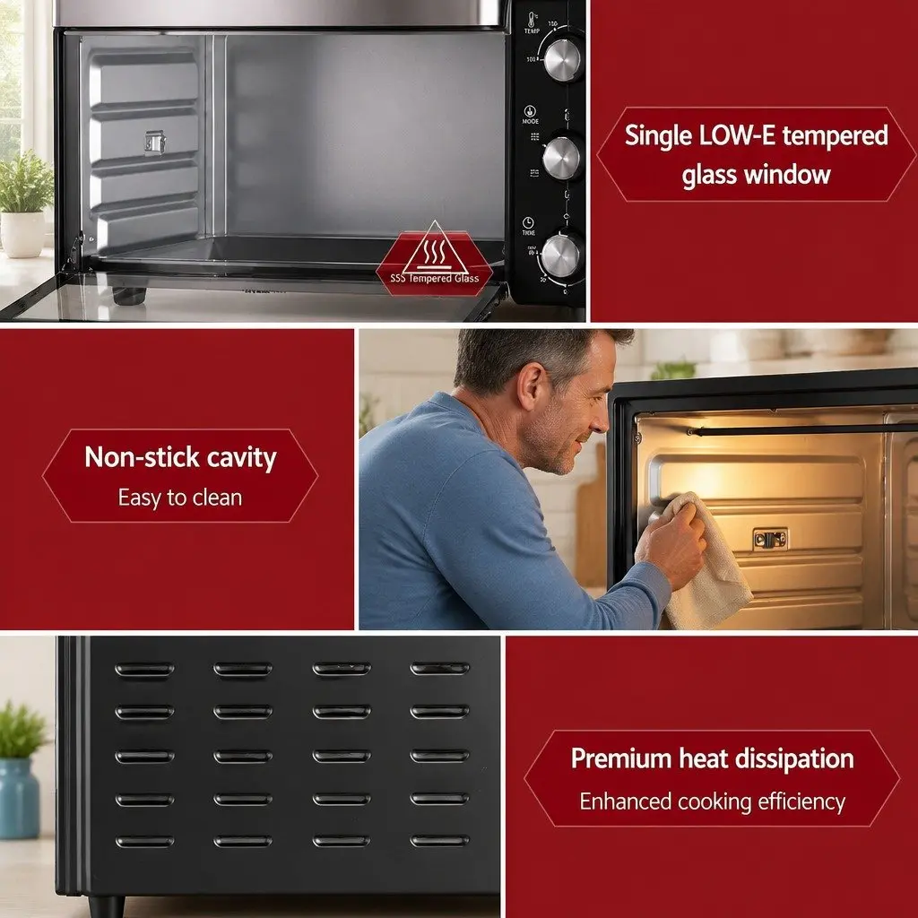 30L Convection Oven Electric Fryer Compact Black 1600W 6-Stage Function Temperature Control 100-250°C Timer Non-Stick Coating