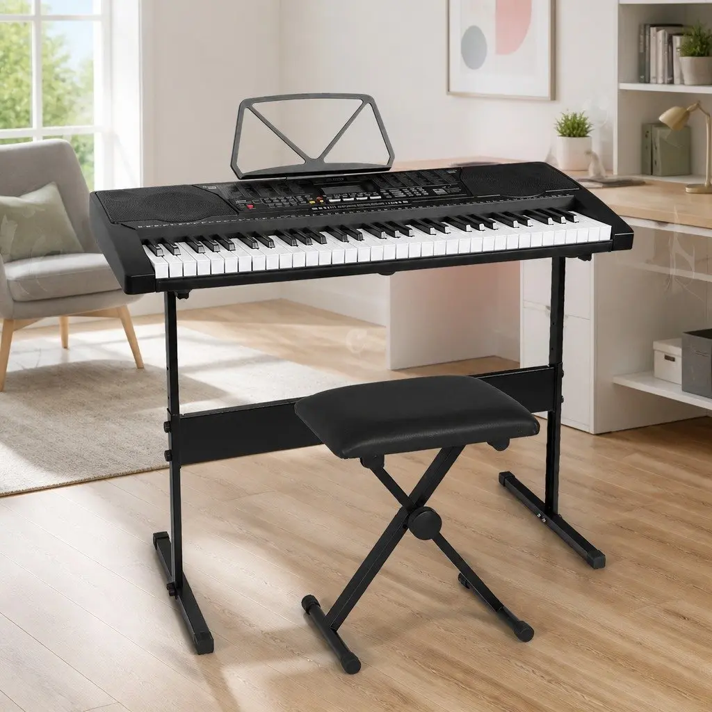 61 Keys Electronic Piano Keyboard Portable with Lighted Keys Adjustable Stand Stool LCD Display