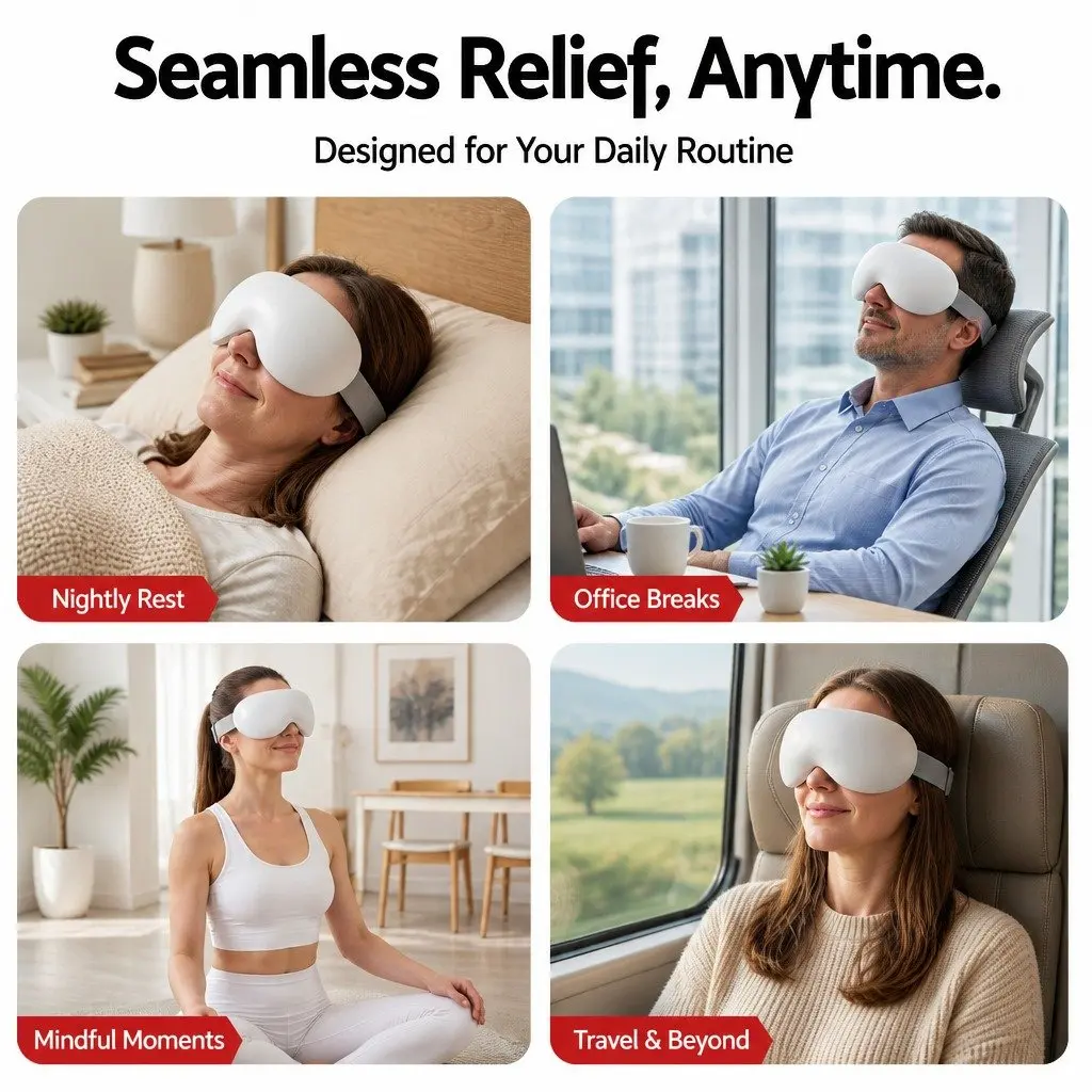 Dual Hot and Cold Compress Eye Massager with 12 Vibrating Nodes Wireless Bluetooth Connectivity Adjustable Headband 2400mAh Battery