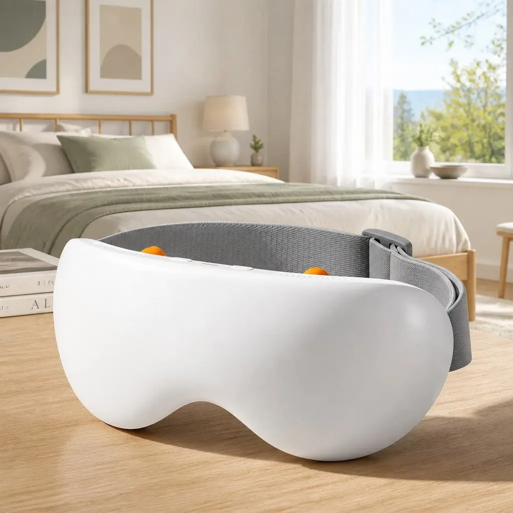 Dual Hot and Cold Compress Eye Massager with 12 Vibrating Nodes Wireless Bluetooth Connectivity Adjustable Headband 2400mAh Battery