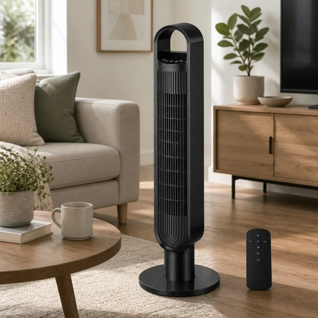 Bladeless Tower Fan 100cm Black 80° Swivel Remote Control Quiet Air Purifier