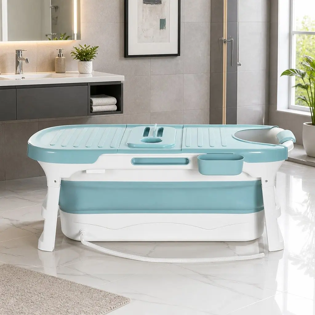 Foldable Bathtub Portable Extra Large Capacity with Neck Pillow and Cover Plate