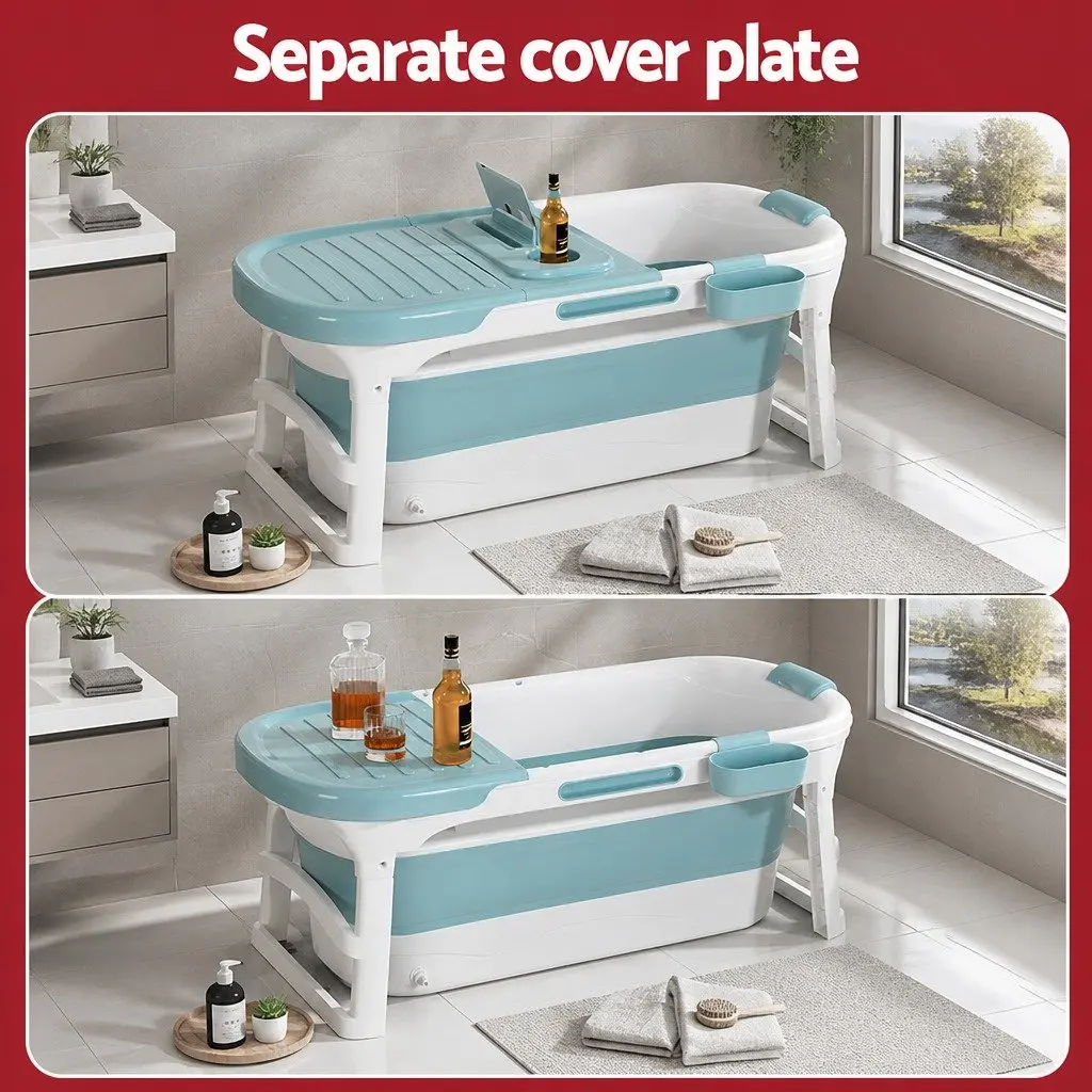 Foldable Bathtub Portable Extra Large Capacity with Neck Pillow and Cover Plate