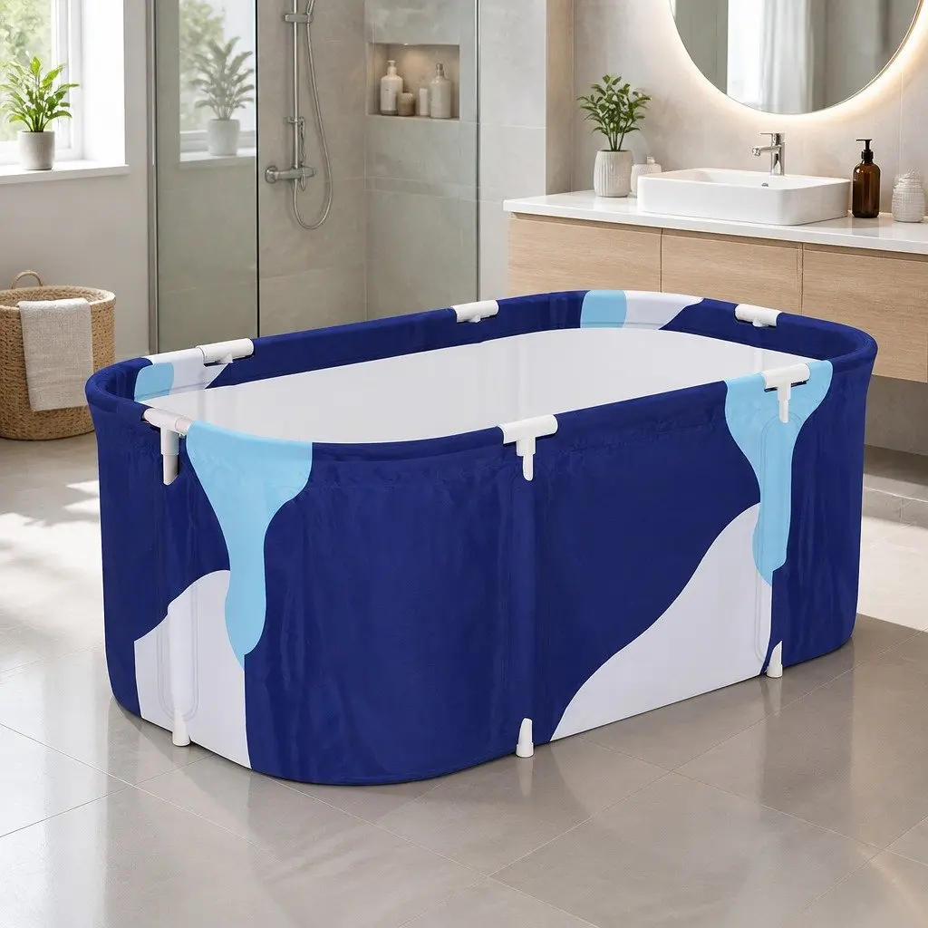 Foldable Bathtub 114x62cm PVC Spa Bucket Inflatable Cushion Portable Navy Blue
