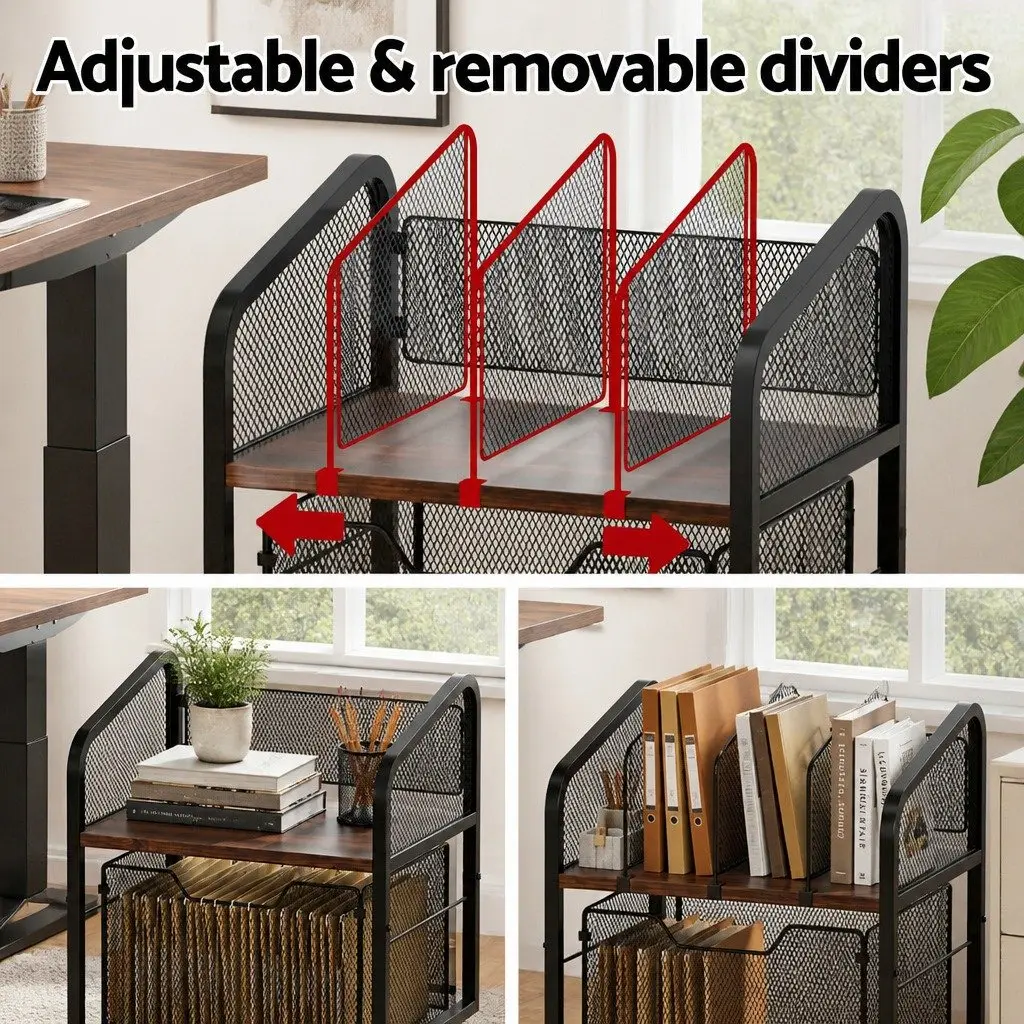 Mobile Filing Cabinet Compact Black Solid Wood Top Adjustable Dividers Rolling Locking Wheels
