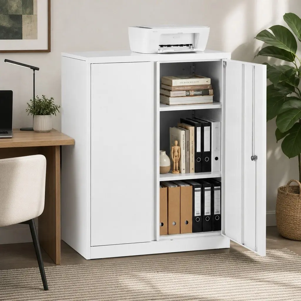 Steel Filing Cabinet 80cm White 3-Point Lock Adjustable Shelves