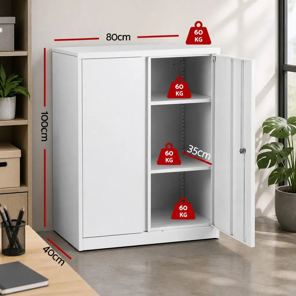 Steel Filing Cabinet 80cm White 3-Point Lock Adjustable Shelves