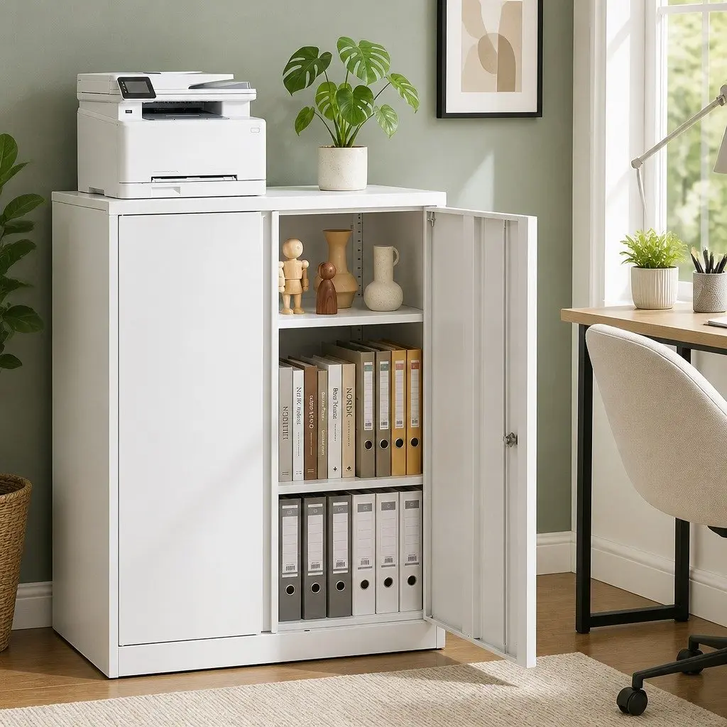 Steel Filing Cabinet 80cm White 3-Point Lock Adjustable Shelves