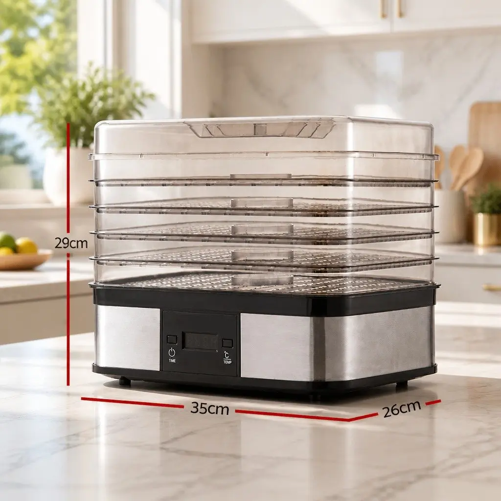 5 Tray Food Dehydrator Stainless Steel with LCD Display Temperature Control Timer Silver