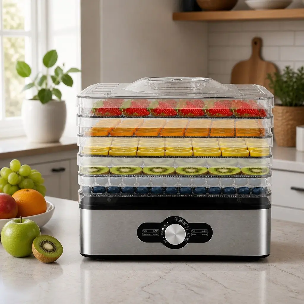 Food Dehydrator 5 Stainless Steel Trays Adjustable Temperature 360 Degree Airflow Transparent Door