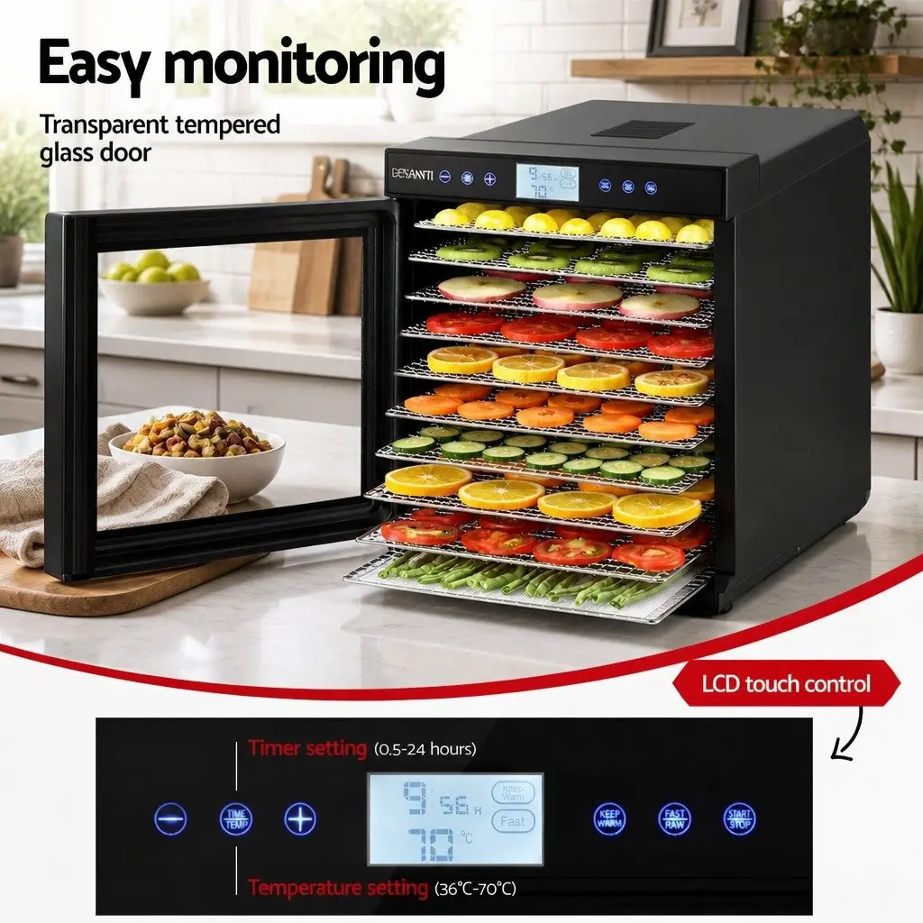 Food Dehydrator 10 Trays Stainless Steel Digital Temperature Control Adjustable Timer
