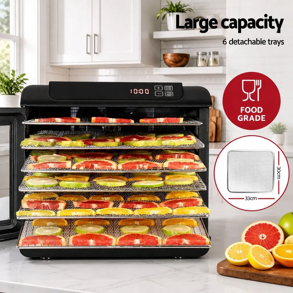 Food Dehydrator 6 Tray Stainless Steel Digital Timer Adjustable Temperature LCD Touch Control