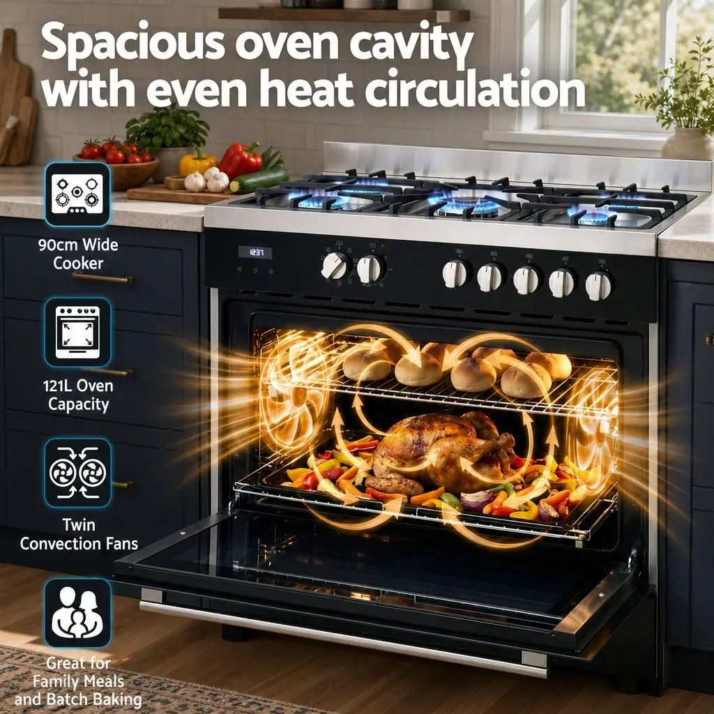 90cm Freestanding Cooker 5 Burner Gas Cooktop Electric Oven 121L Black