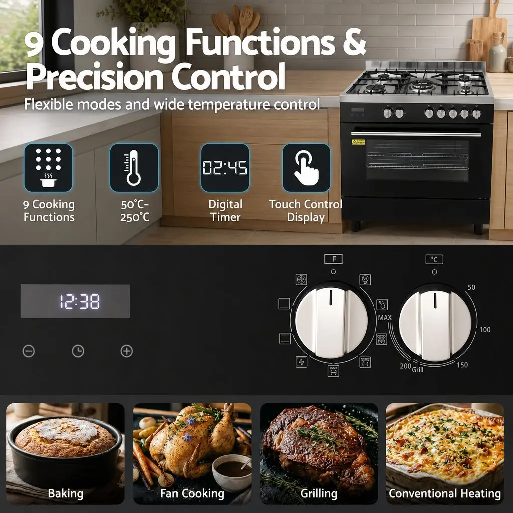 90cm Freestanding Cooker 5 Burner Gas Cooktop Electric Oven 121L Black