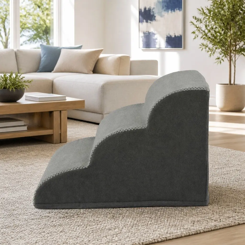 Dog Ramp Steps 3 Tier Foam Portable Non-slip for Bed Sofa Car Indoor Grey