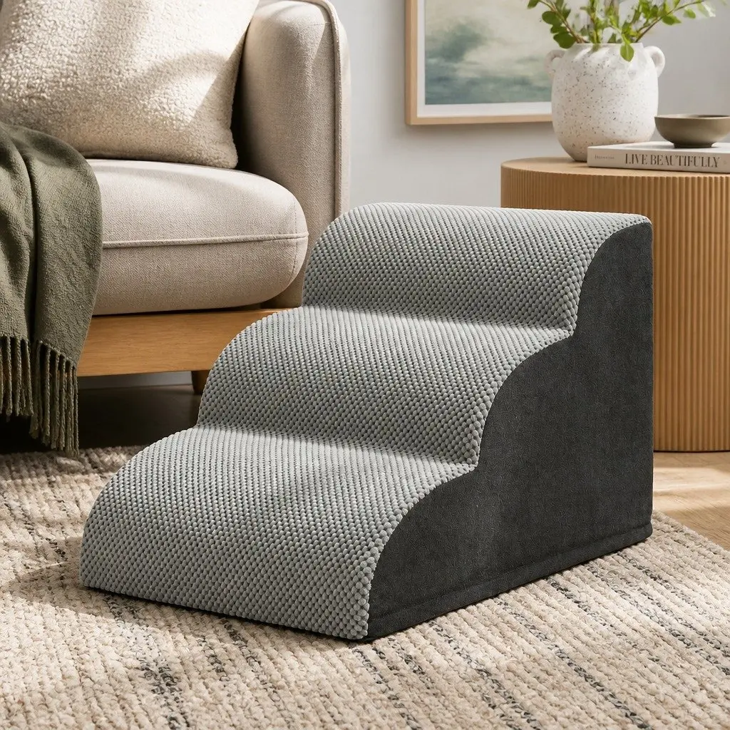 Dog Ramp Steps 3 Tier Foam Portable Non-slip for Bed Sofa Car Indoor Grey