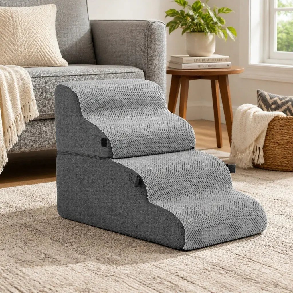 Dog Stairs and Bed 2-in-1 Foam Pet Ramp Non-Slip Washable Grey