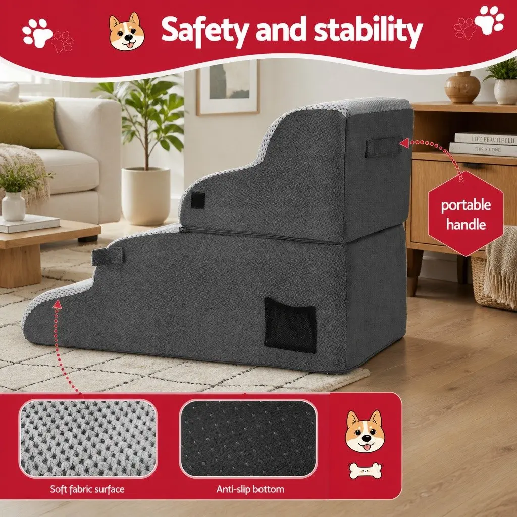 Dog Stairs and Bed 2-in-1 Foam Pet Ramp Non-Slip Washable Grey