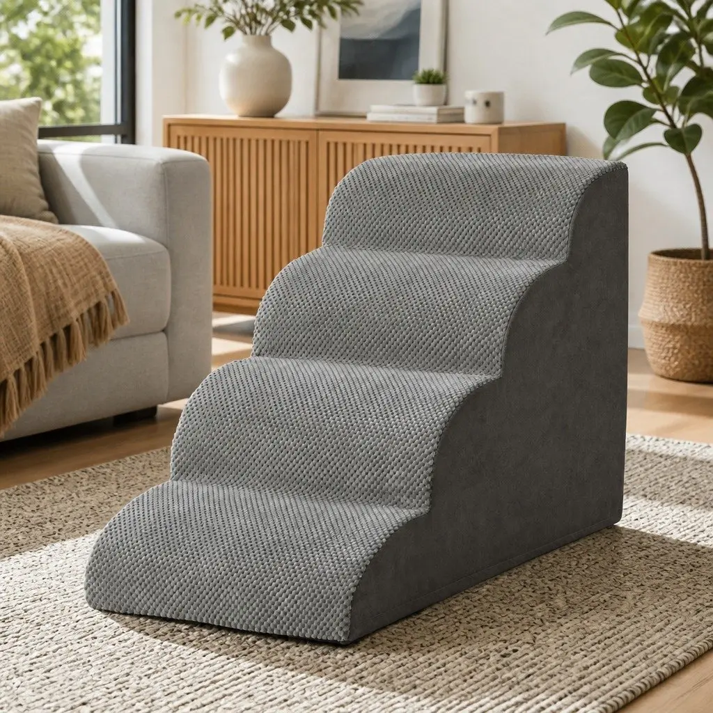 Dog Steps Ramp 4 Tier Foam Non-Slip Water-Resistant Portable Indoor Grey