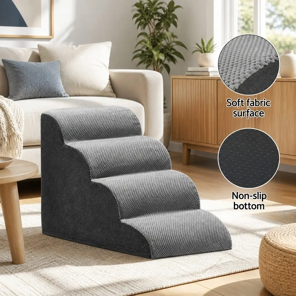 Dog Steps Ramp 4 Tier Foam Non-Slip Water-Resistant Portable Indoor Grey