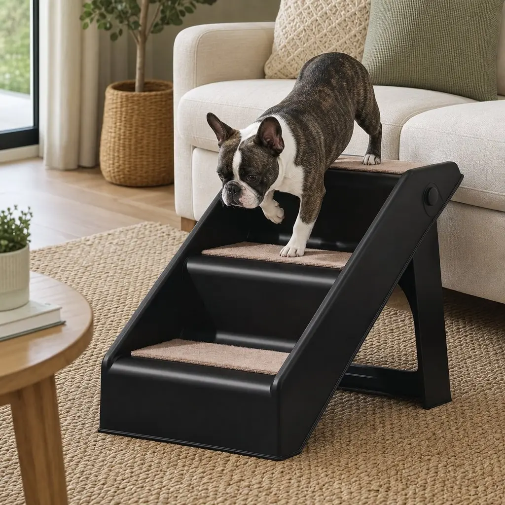 Dog Ramp 3 Steps Foldable Portable for Bed Sofa Car Slip-Resistant Black