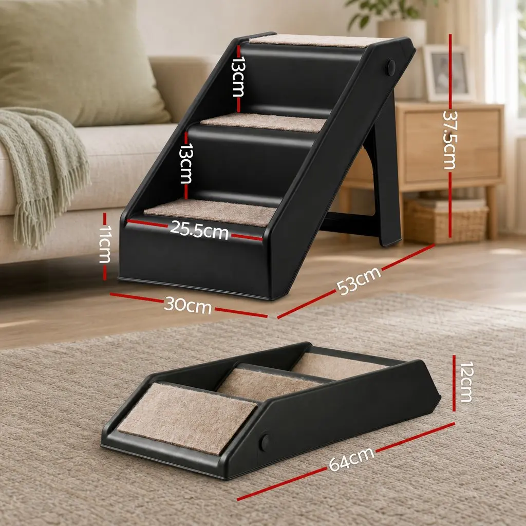 Dog Ramp 3 Steps Foldable Portable for Bed Sofa Car Slip-Resistant Black