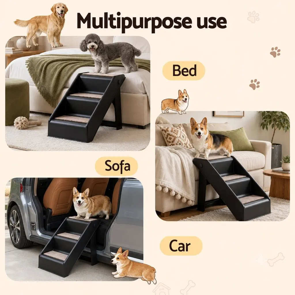 Dog Ramp 3 Steps Foldable Portable for Bed Sofa Car Slip-Resistant Black