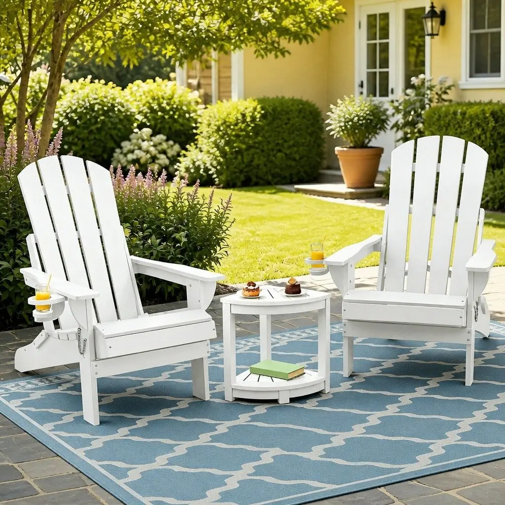 Outdoor Adirondack Folding Chair and Table Set 3 Piece White HDPE Weather Resistant Easy Storage