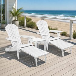 3 Piece Adirondack Outdoor Lounge Set Wooden Chairs Ottoman Side Table White