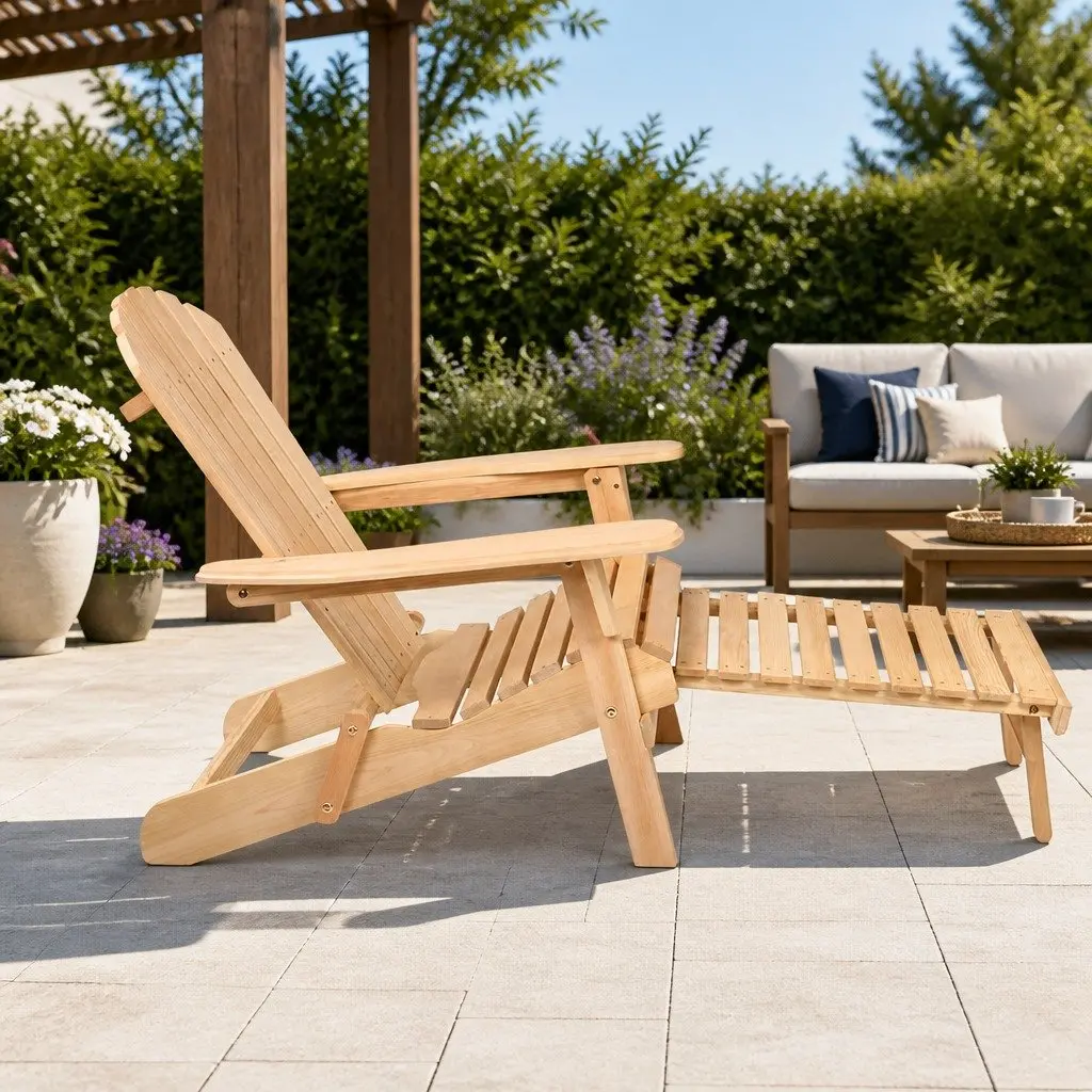 Adirondack Outdoor Chair Wooden Foldable with Slide-out Leg Rest for Garden and Patio