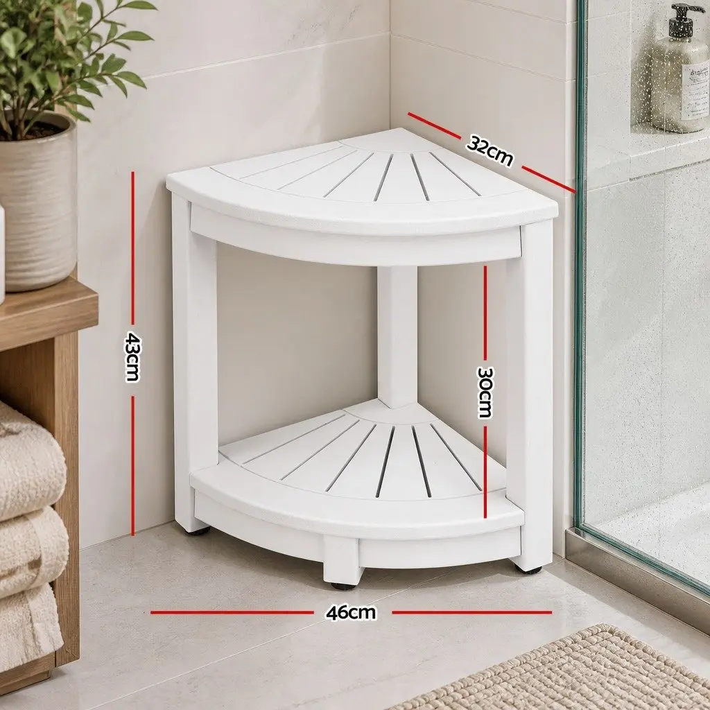 Corner Shower Stool Side Table White Weather-Resistant HDPE with Storage Shelf Adjustable Feet