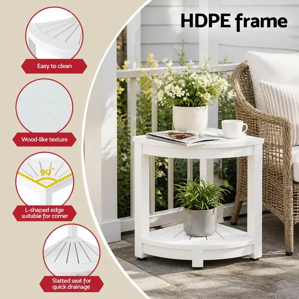 Corner Shower Stool Side Table White Weather-Resistant HDPE with Storage Shelf Adjustable Feet