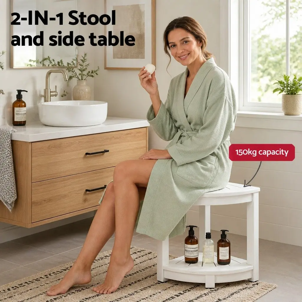 Corner Shower Stool Side Table White Weather-Resistant HDPE with Storage Shelf Adjustable Feet
