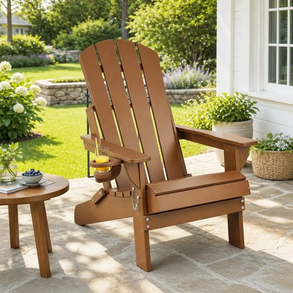 Outdoor Adirondack Folding Chair Brown 103 Degree Reclined Backrest Weather Resistant HDPE
