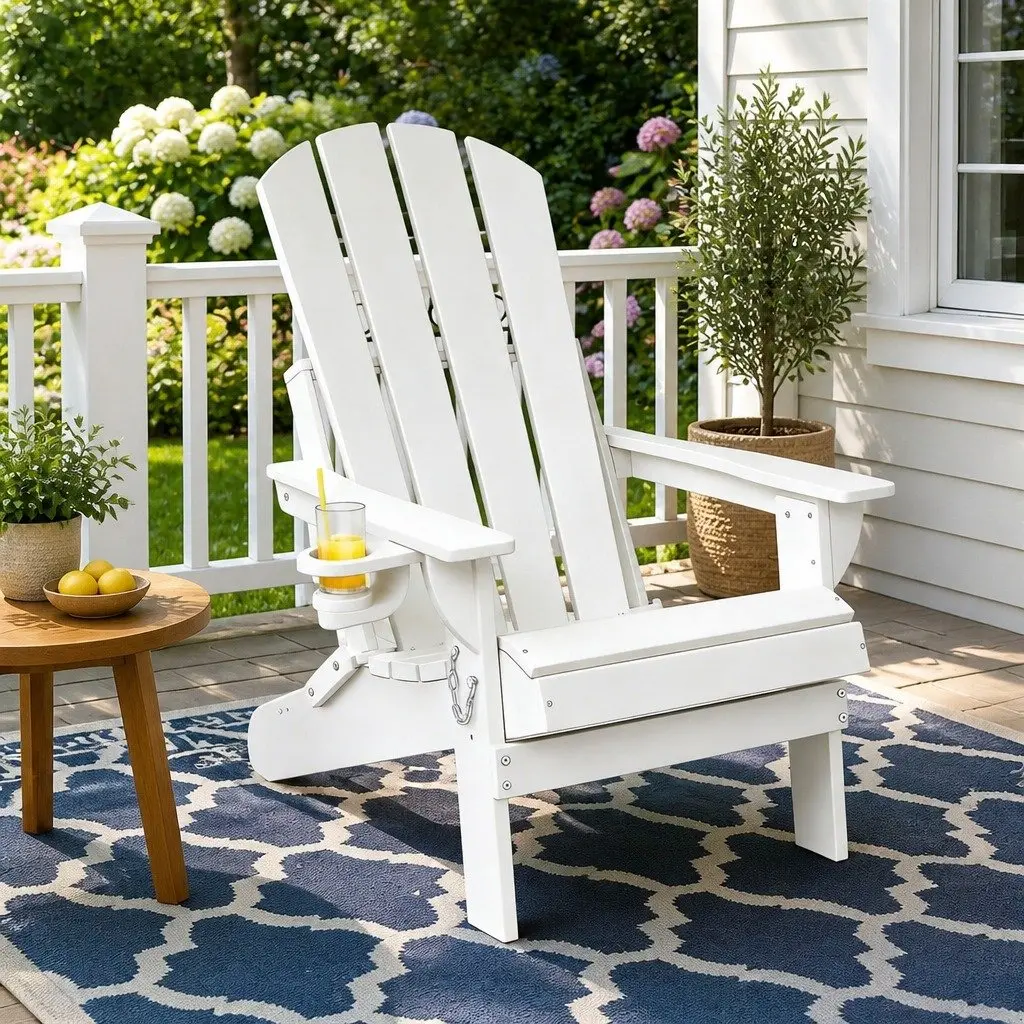 Outdoor Folding Adirondack Chair Reclined Backrest Pull-out Cup Holder Weather-resistant Construction