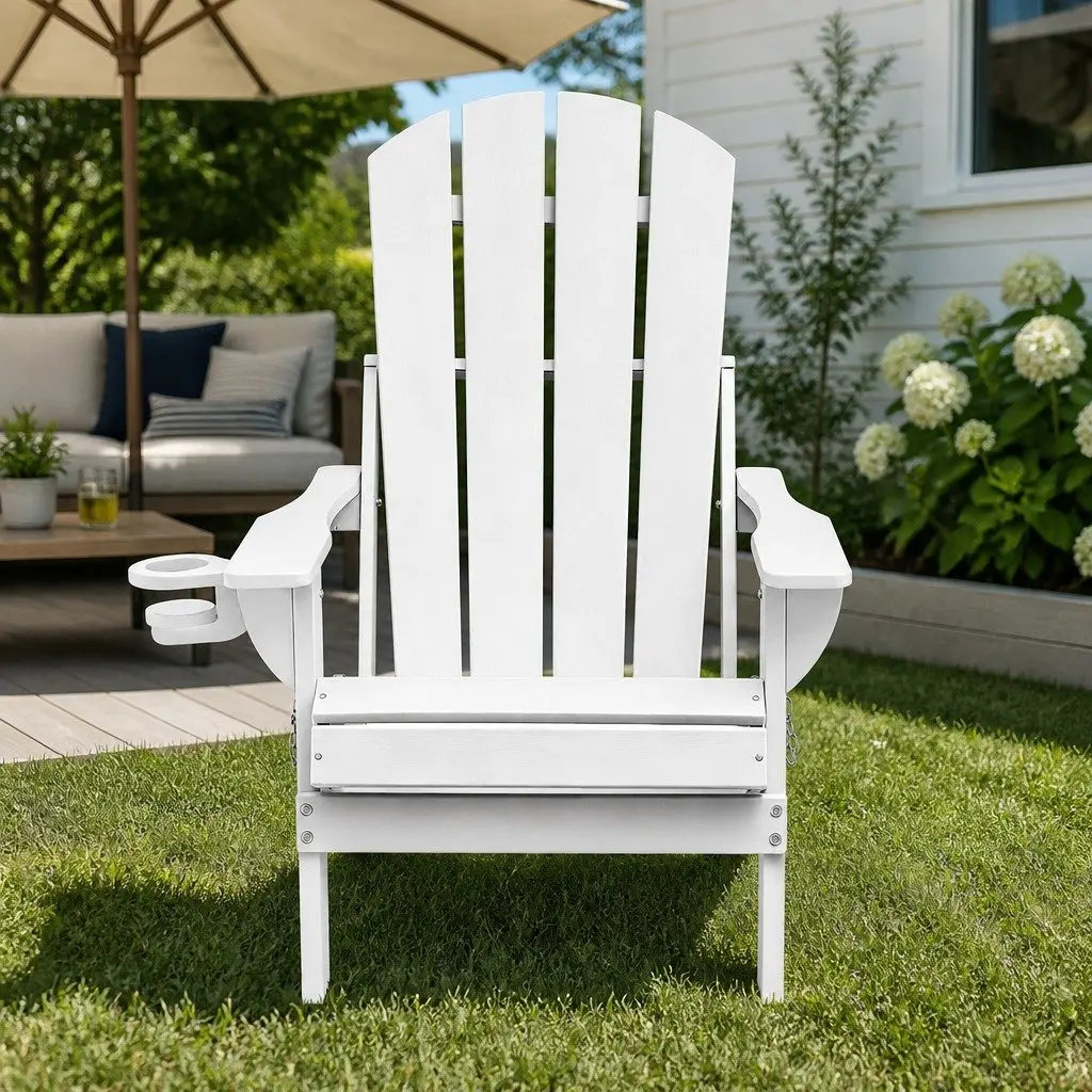 Outdoor Folding Adirondack Chair Reclined Backrest Pull-out Cup Holder Weather-resistant Construction