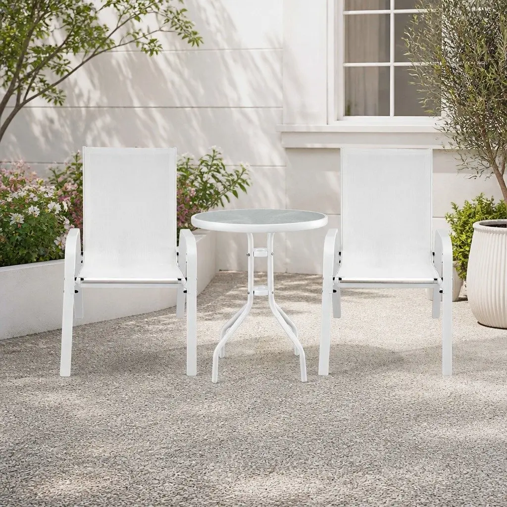 Outdoor Dining Set 3 Piece Stackable Chairs White Tempered Glass Table