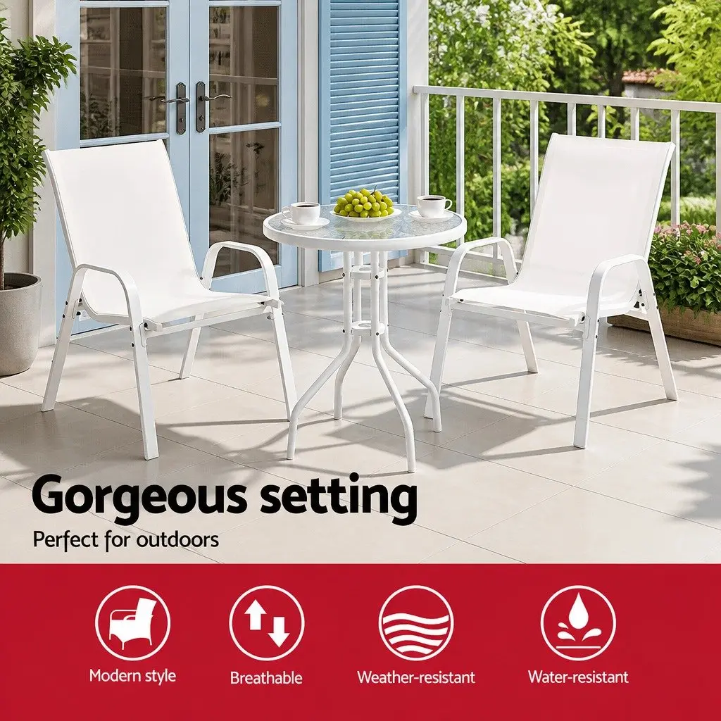 Outdoor Dining Set 3 Piece Stackable Chairs White Tempered Glass Table