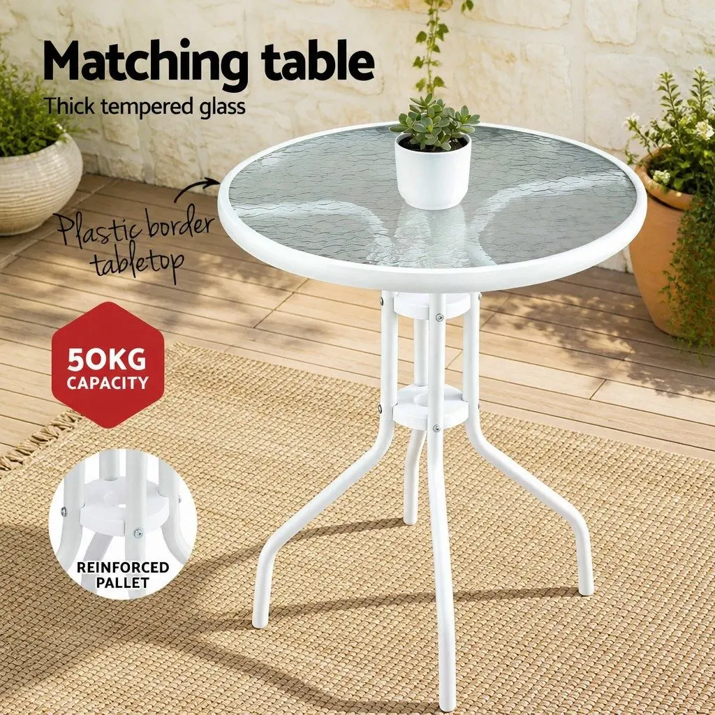 Outdoor Dining Set 3 Piece Stackable Chairs White Tempered Glass Table