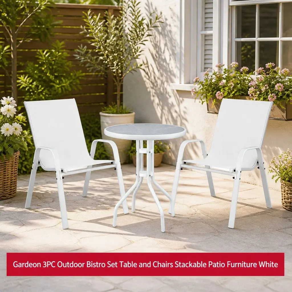 Outdoor Dining Set 3 Piece Stackable Chairs White Tempered Glass Table