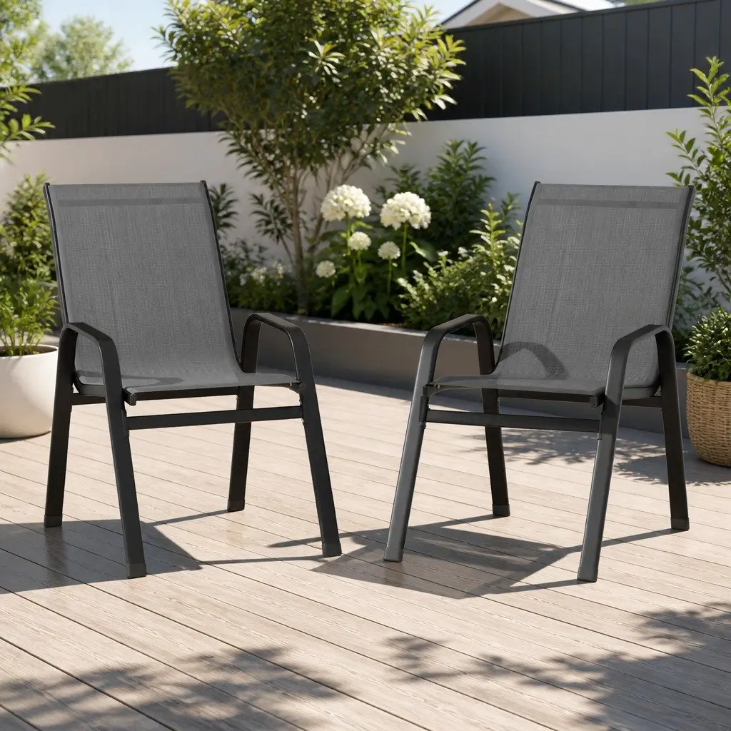 Outdoor Stackable Dining Chairs Grey Metal Frame 2 Piece Set Weather Resistant
